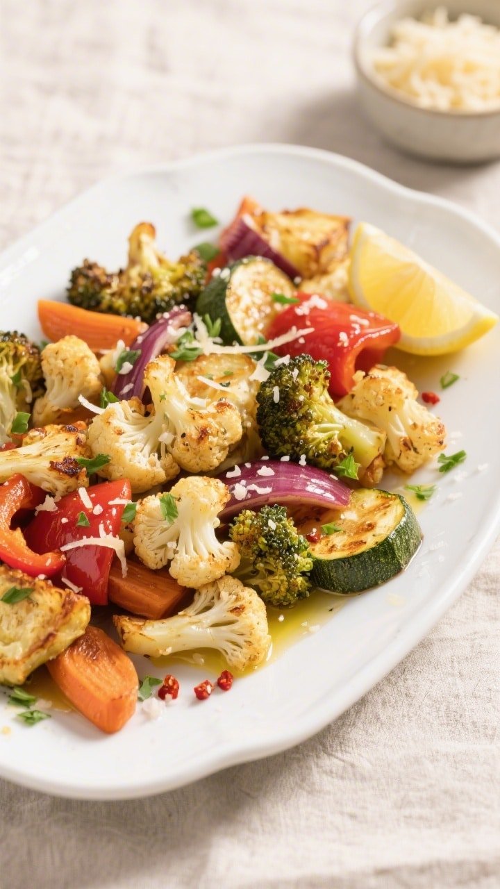 Beautifully plated final dish of Simple Air Fryer Roasted Vegetables on a wide white ceramic platter