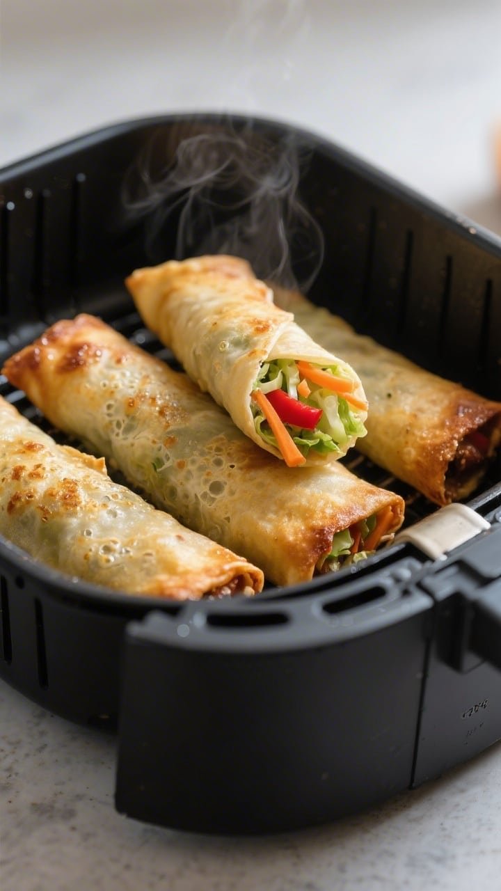 Close-up cooking process: Air fryer vegetable egg rolls mid-cook inside an open air fryer basket at