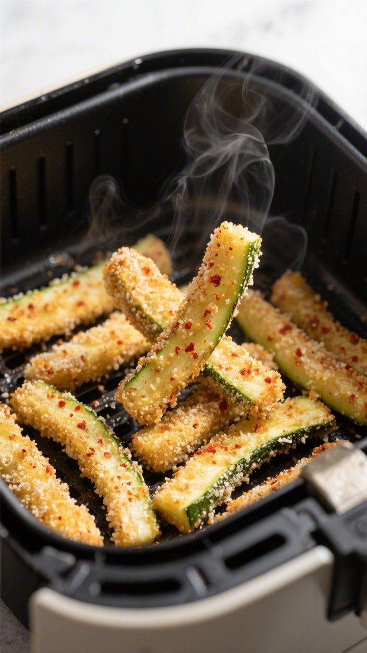 Close-up cooking process: Air fryer zucchini fries mid-cook at 400°F, golden panko-cornmeal-Parmesa