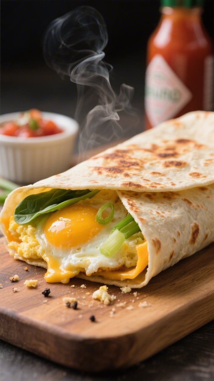 Close-up detail: A freshly air-fried breakfast tortilla wrap sliced on the bias to reveal soft-scram