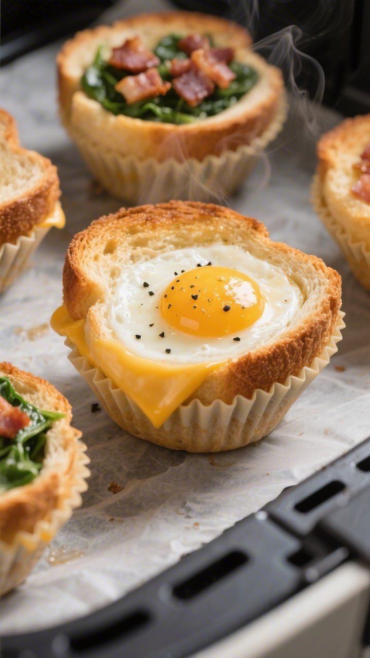 Close-up detail and cooking process: Air fryer toast cups mid-cook at 350°F, golden, crisped bread 