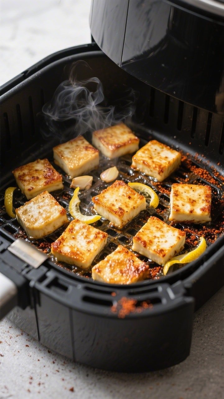 Close-up detail, cooking process: Air fryer basket just opened, showing golden-brown halloumi bites 