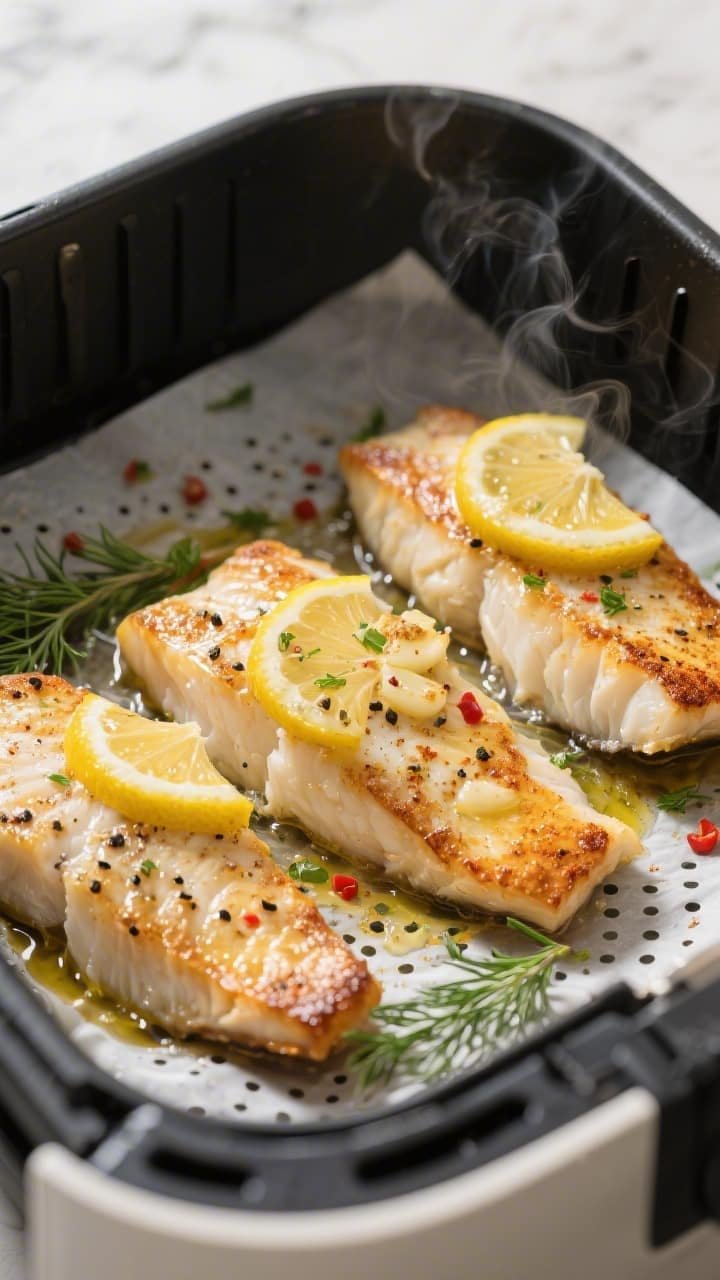 Close-up detail/cooking process: Air fryer basket just opened, showing golden-edged lemon-garlic cod