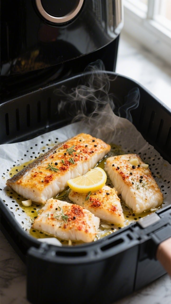 Close-up detail/cooking process: Air fryer basket just opened to reveal golden, seasoned white fish