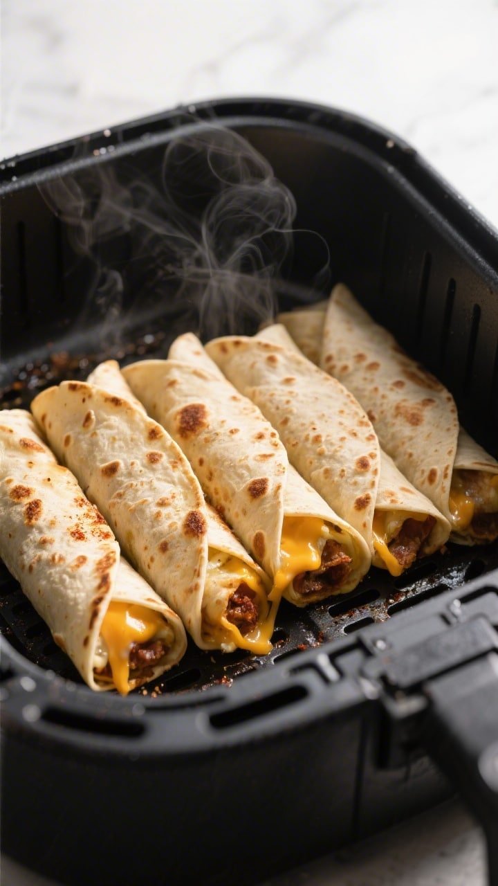 Close-up detail, cooking process: Air fryer basket at 375°F filled with neatly rolled breakfast taq