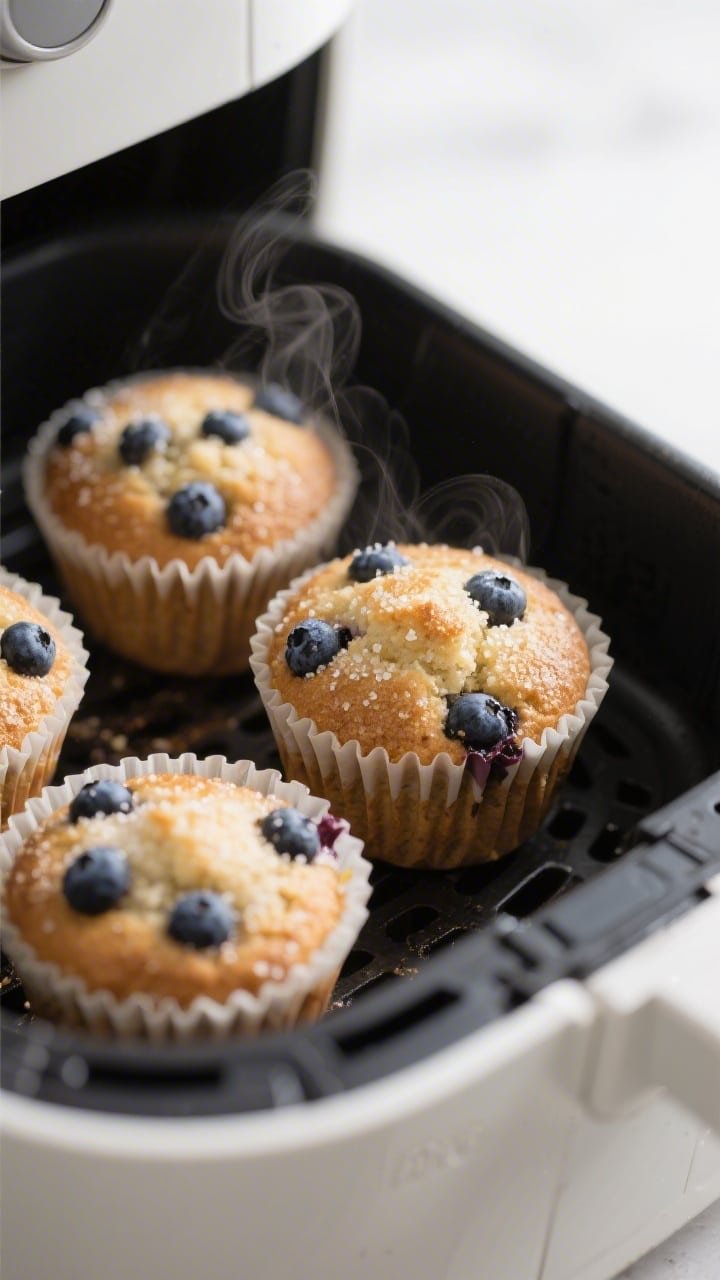 Close-up detail, cooking process: Air fryer blueberry breakfast muffins baking in individual silicon