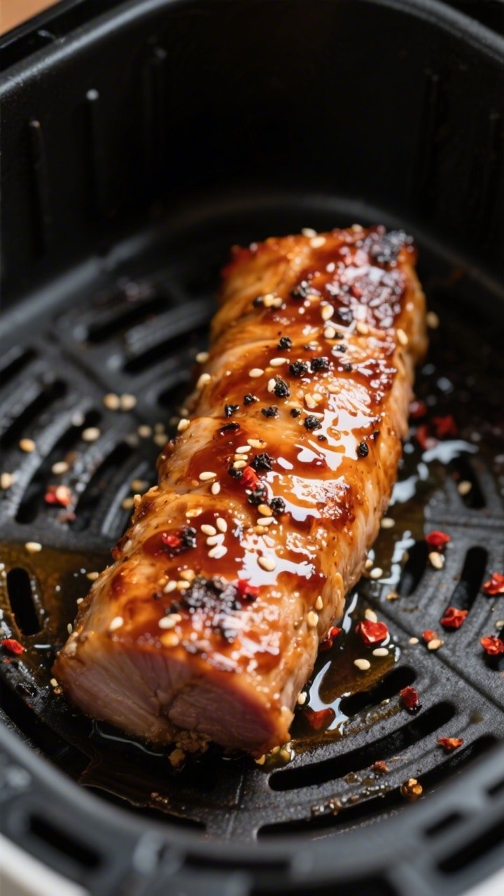 Close-up detail, cooking process: Glazed pork tenderloin in an air fryer basket at the flip-and-glaz