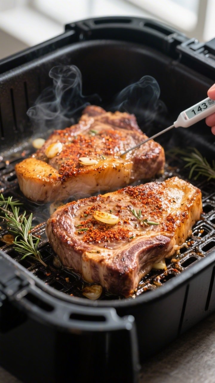 Close-up detail, cooking process: Golden-brown boneless pork chops sizzling in an open air fryer bas