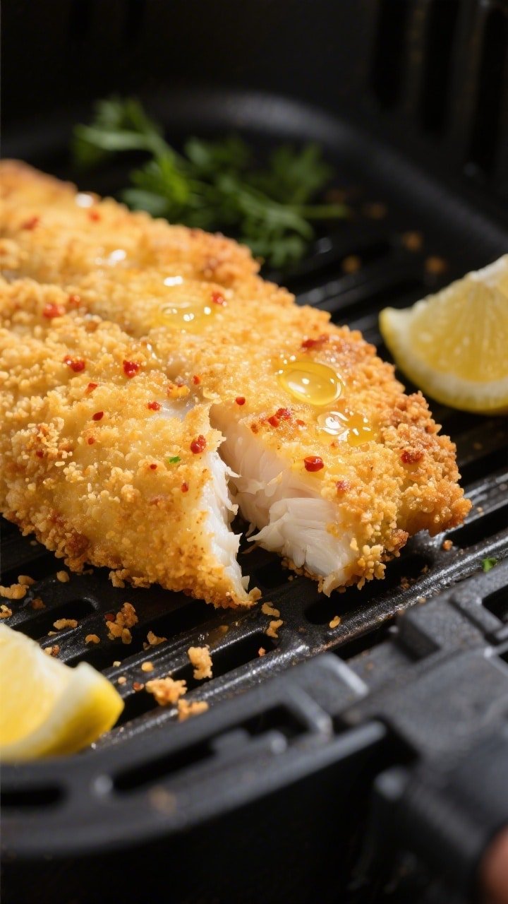 Close-up detail of air-fried pollock just out of the basket: golden panko-and-breadcrumb crust with