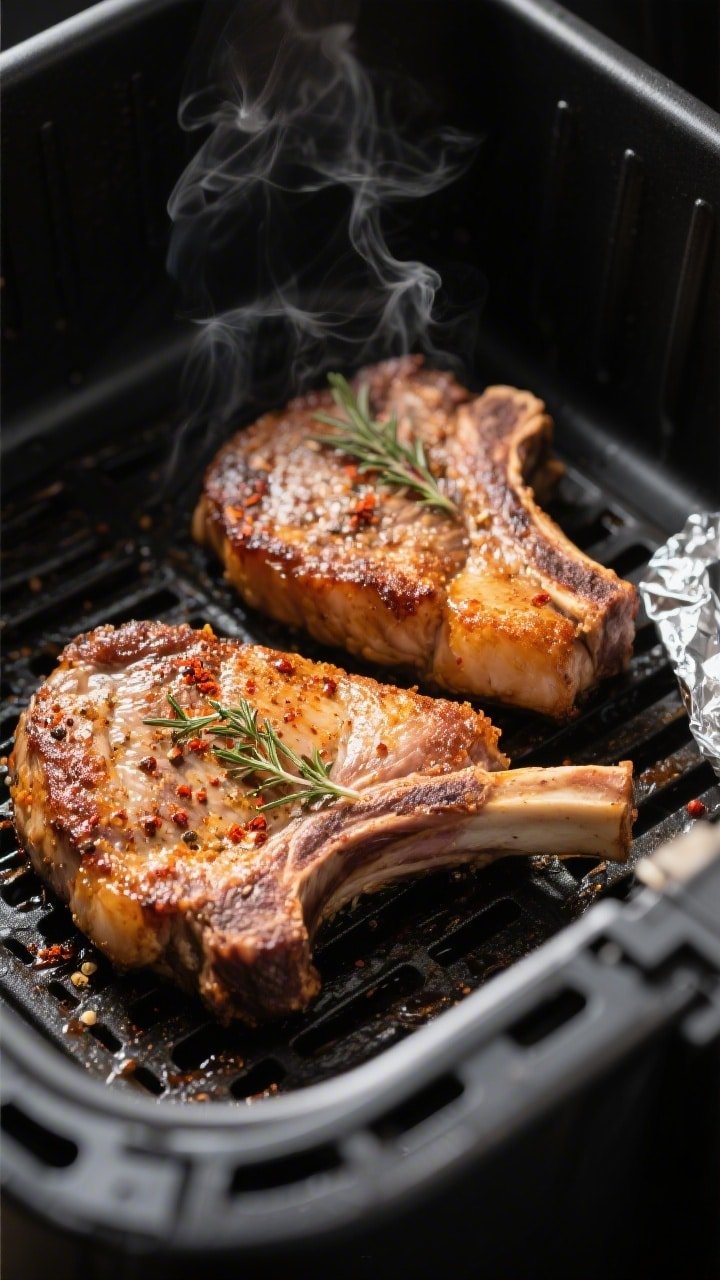Close-up detail of crispy bone-in air fryer pork chops just out of the basket, golden-brown crackly 