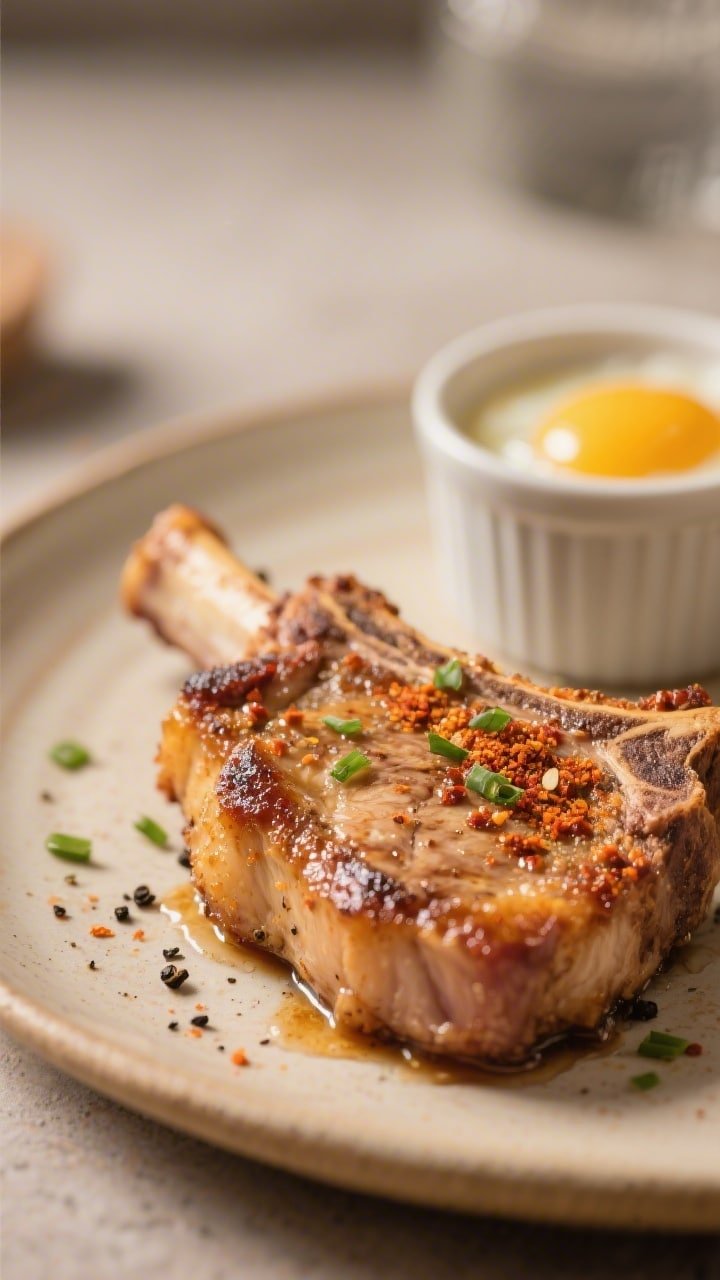 Close-up detail of freshly air-fried bone-in pork chop resting on a warm plate, showing a golden pap