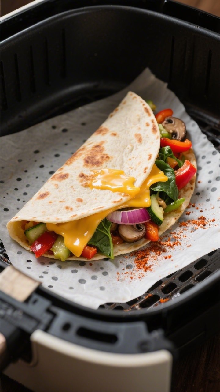 Close-up detail/process shot: Air fryer veggie quesadilla mid-cook inside an open air fryer basket a