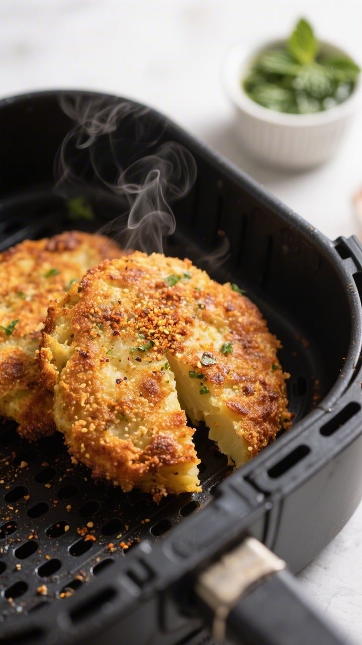 Close-up detail shot: Air-fried aloo tikki just out of the basket at 390°F, deep golden-brown crust