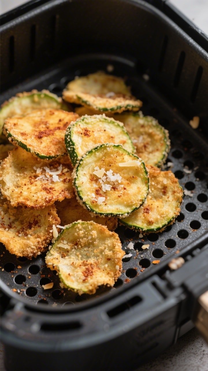 Close-up detail shot: Air-fried keto zucchini chips just out of the basket, golden-brown with crisp,