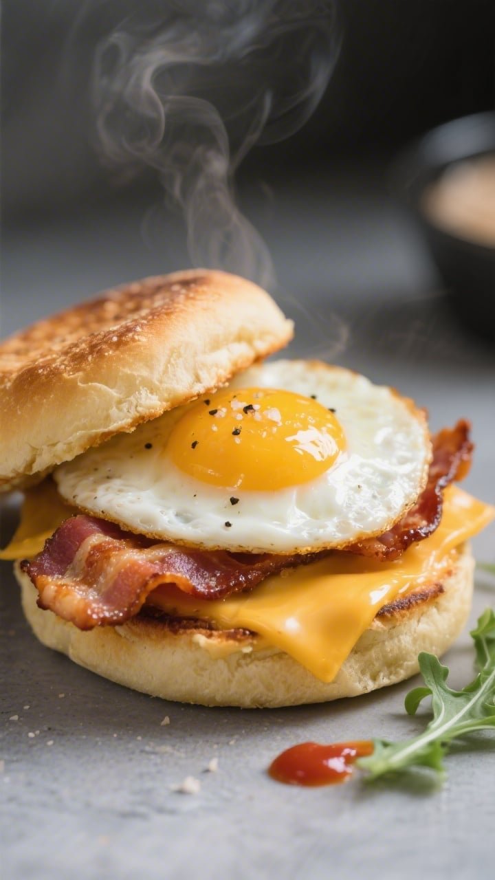 Close-up detail shot of a just-assembled air fryer breakfast sandwich on a toasted English muffin: g