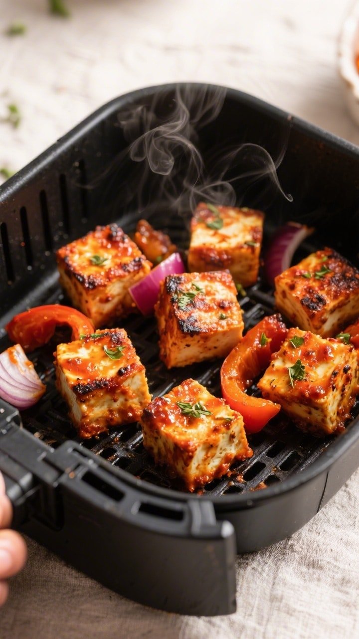 Close-up detail shot of air-fried paneer tikka bites just out of the basket: charred, slightly blist
