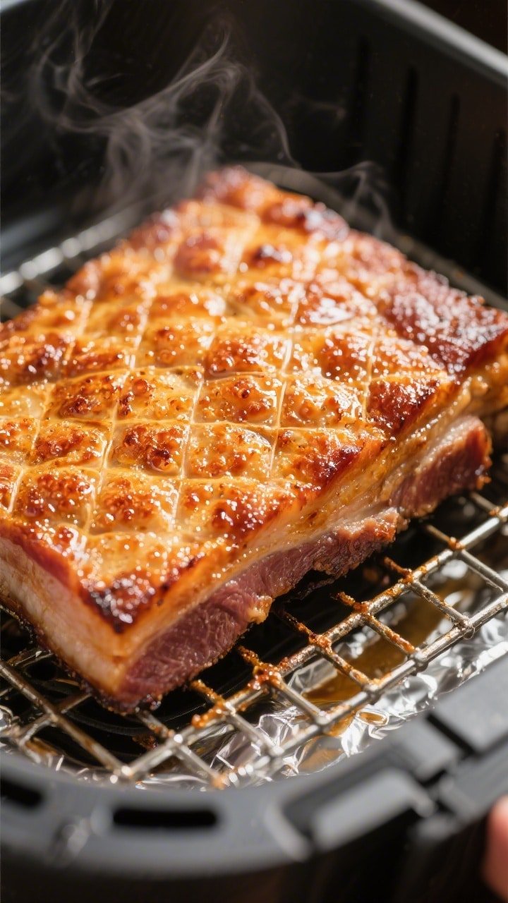 Close-up detail shot of air-fried pork belly just after the high-heat finish, skin-side up in the ai