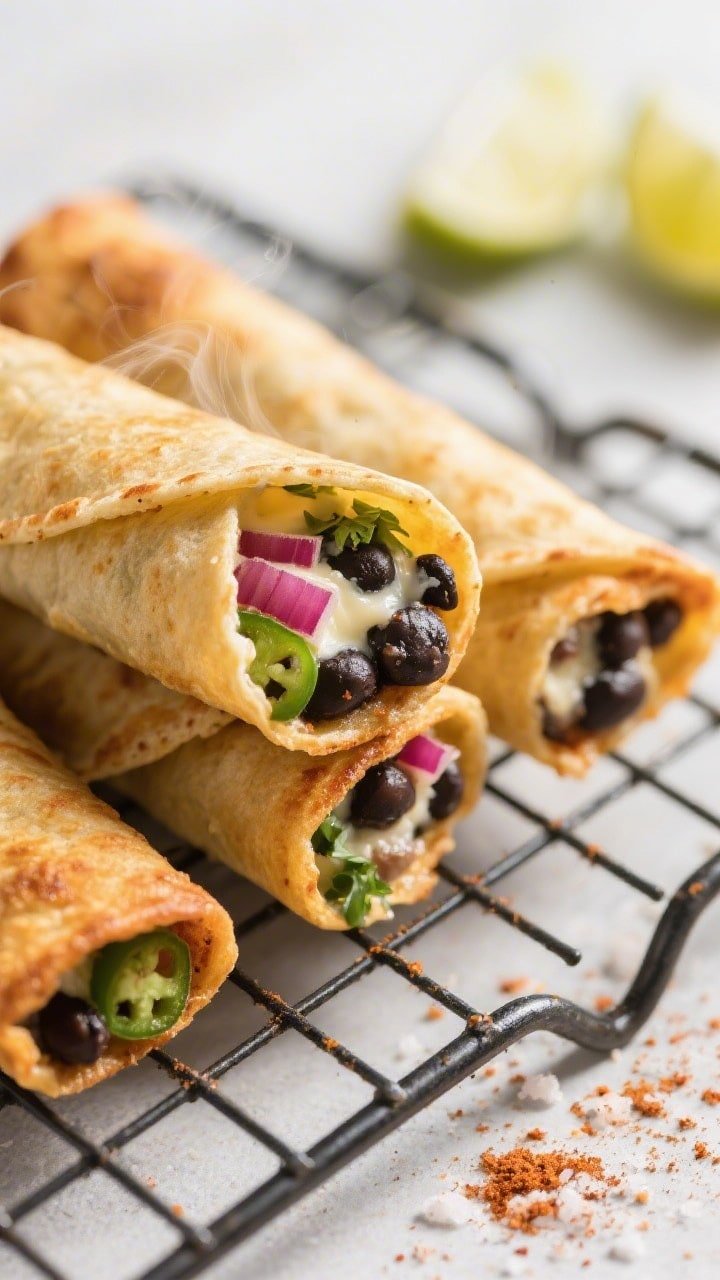 Close-up detail shot of freshly air-fried black bean taquitos resting on a wire rack to keep them cr