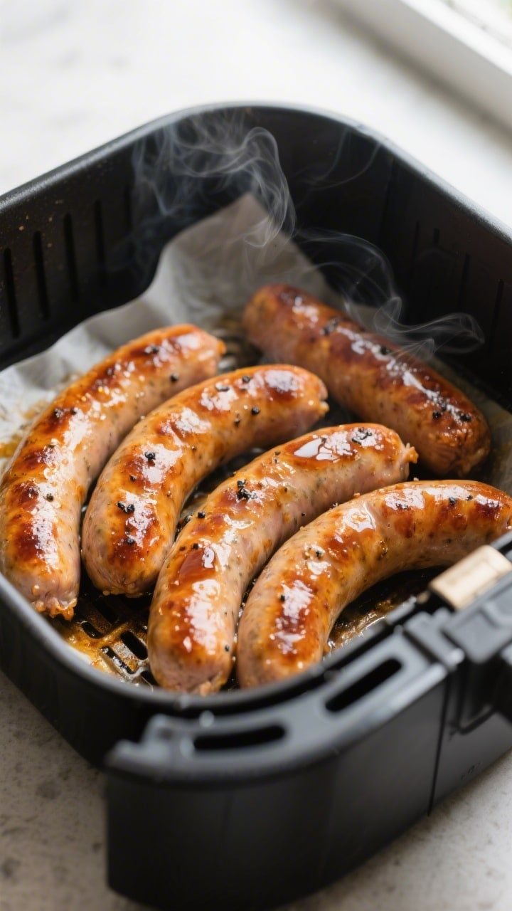 Close-up detail shot of sizzling air-fried breakfast sausage links mid-cook in an open air fryer bas