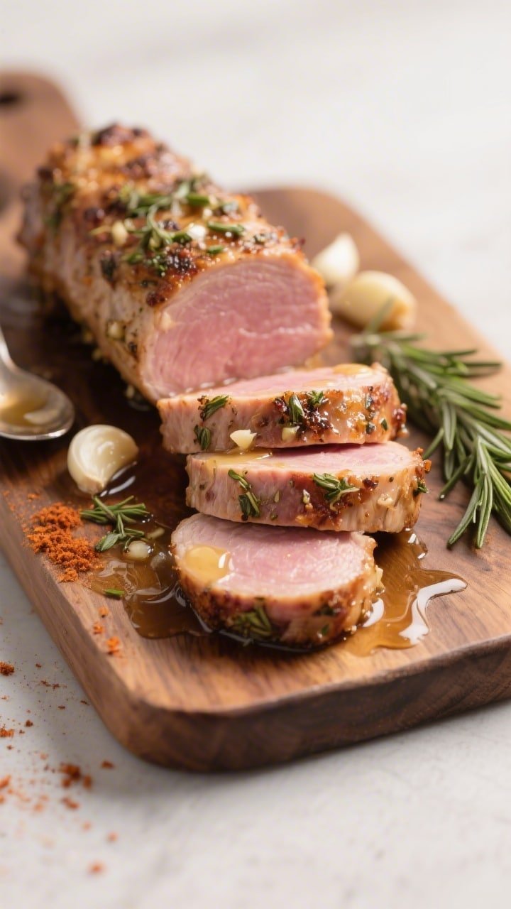 Close-up detail shot of sliced garlic-herb air fryer pork tenderloin resting on a wooden board: 1/2-