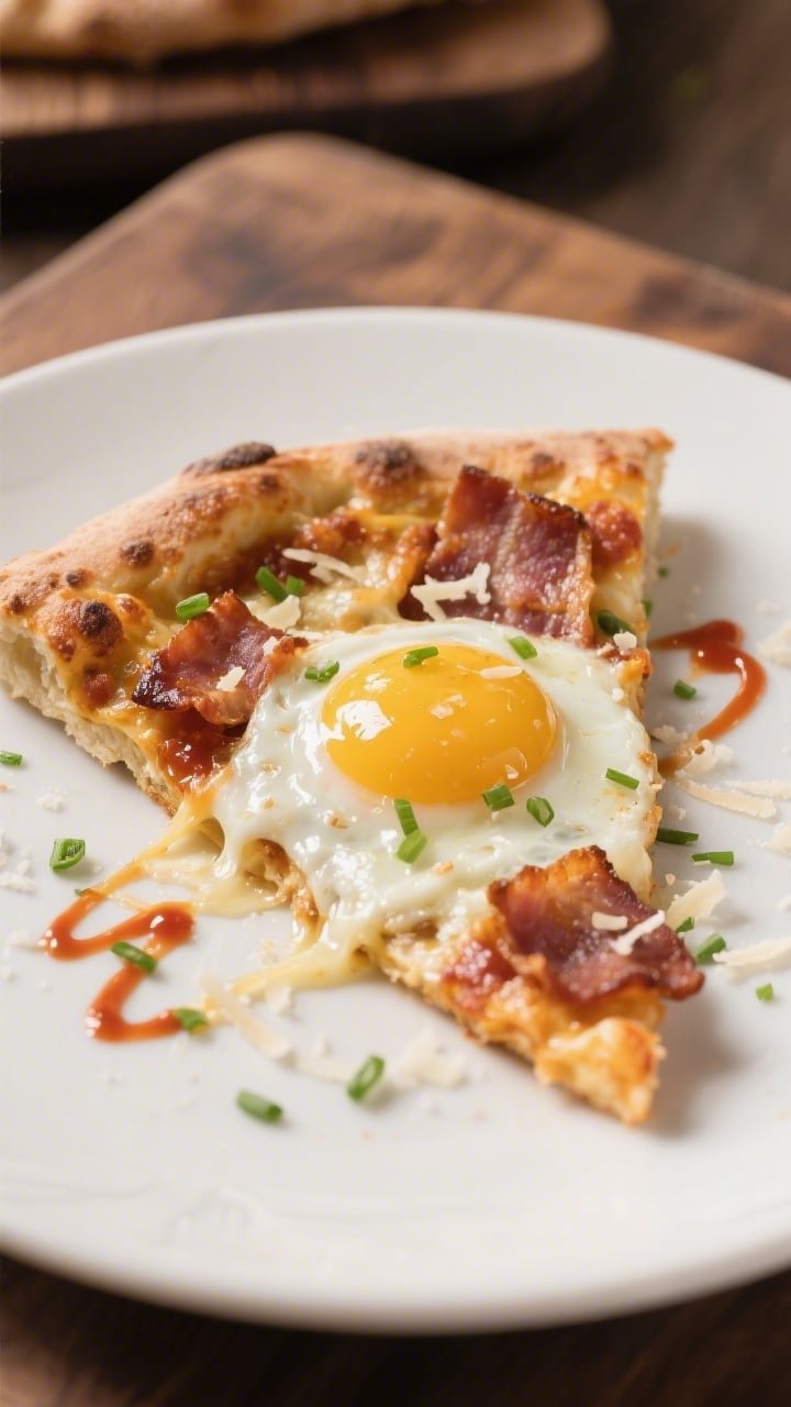 Close-up final plated slice of breakfast pizza on a matte white plate: oozy jammy egg yolk glistenin