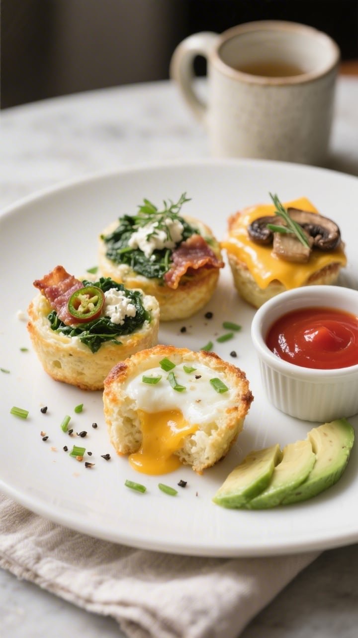Close-up plated final presentation of assorted breakfast egg bites on a matte white plate: Spinach a