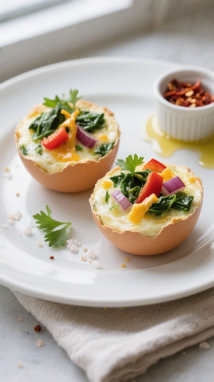 Close-up plated final presentation of two sliced-open veggie egg cups on a matte white plate, reveal