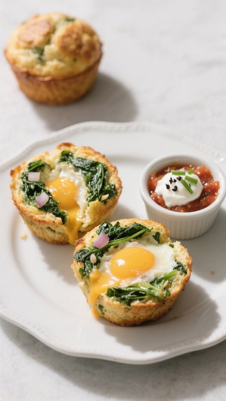 Close-up plated presentation of two spinach & cheese breakfast muffins split open to reveal fluffy, 