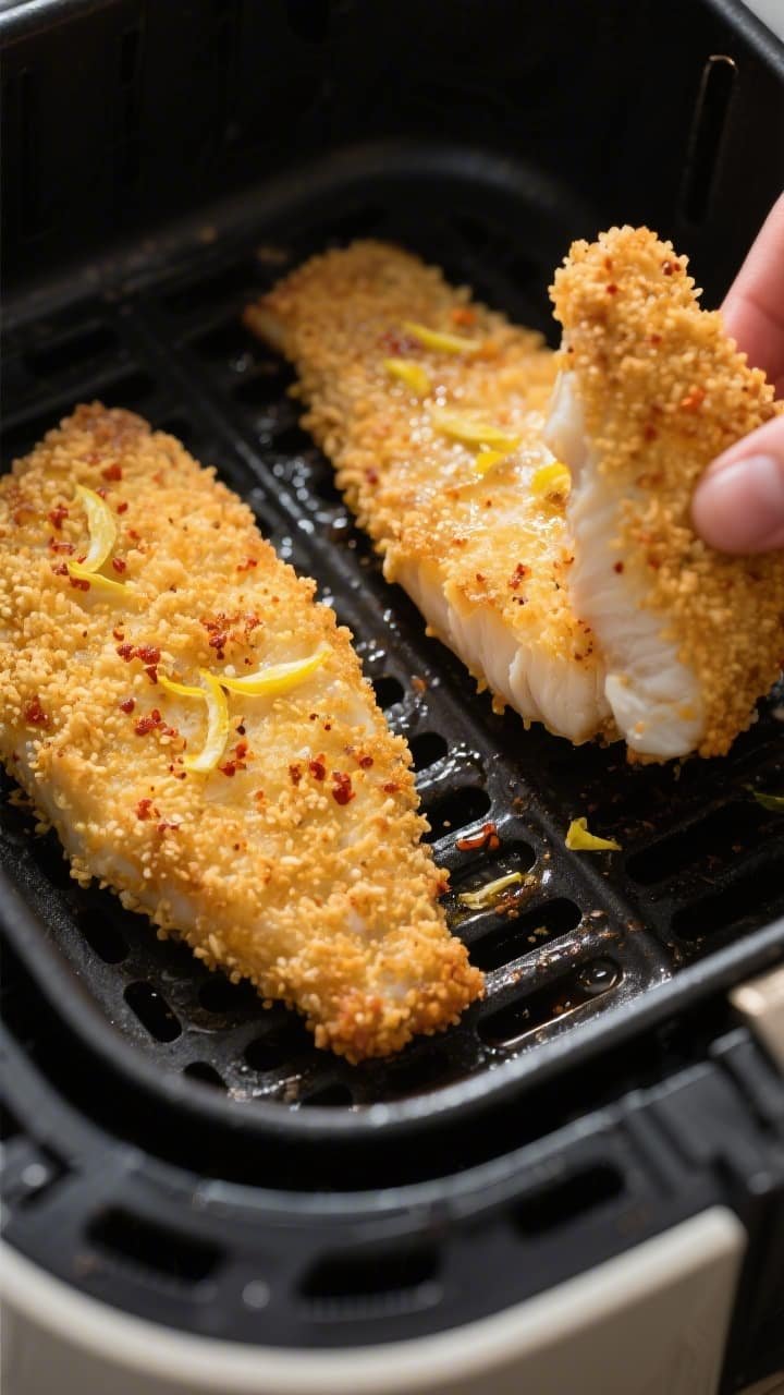 Close-up process shot: Air fryer basket at 400°F with two golden-breaded white fish fillets mid-coo