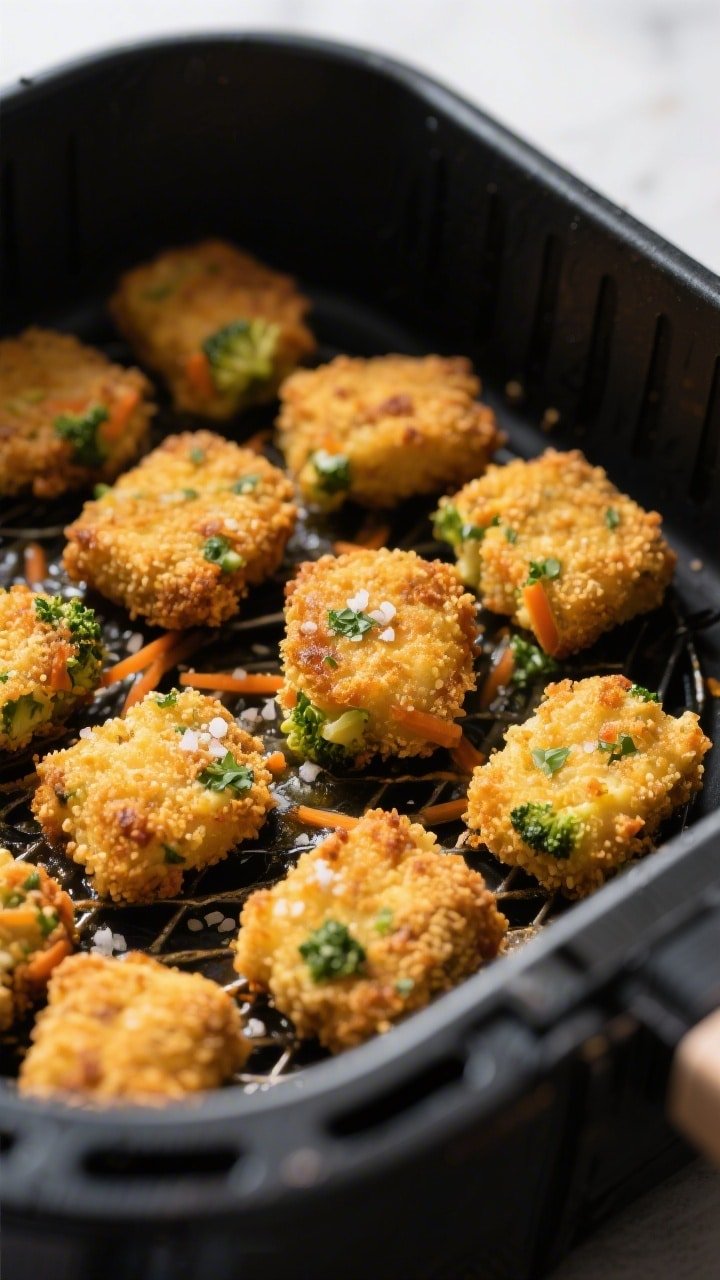 Close-up process shot: Golden veggie nuggets midway through air frying at 380°F, arranged in a sing