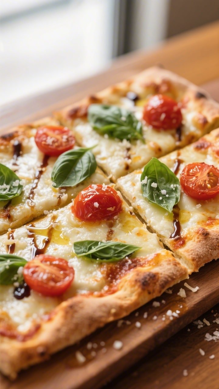 Close-up, three-quarter angle of the finished Margherita flatbread sliced into neat squares on a war