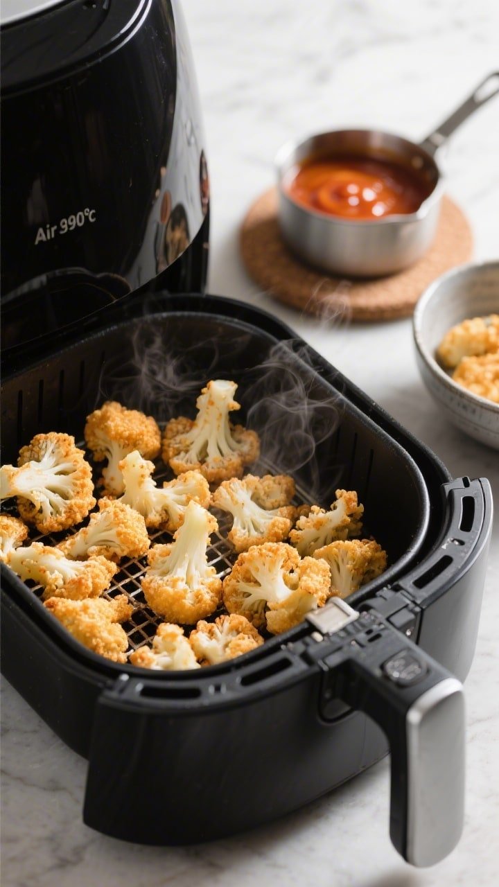 Cooking process — Air fryer action shot: Medium-close view of battered gluten-free cauliflower flo