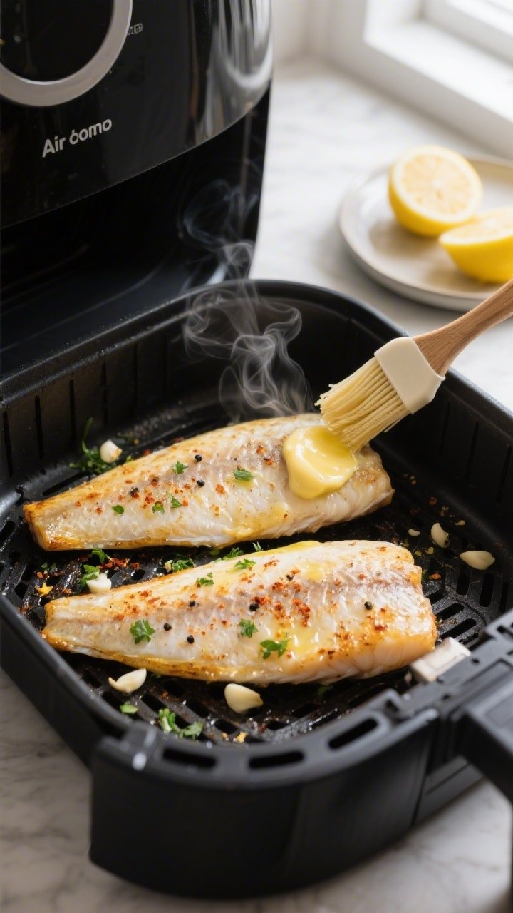 Cooking process close-up: Air fryer basket at 400°F with two cooked swai fillets just finished, edg