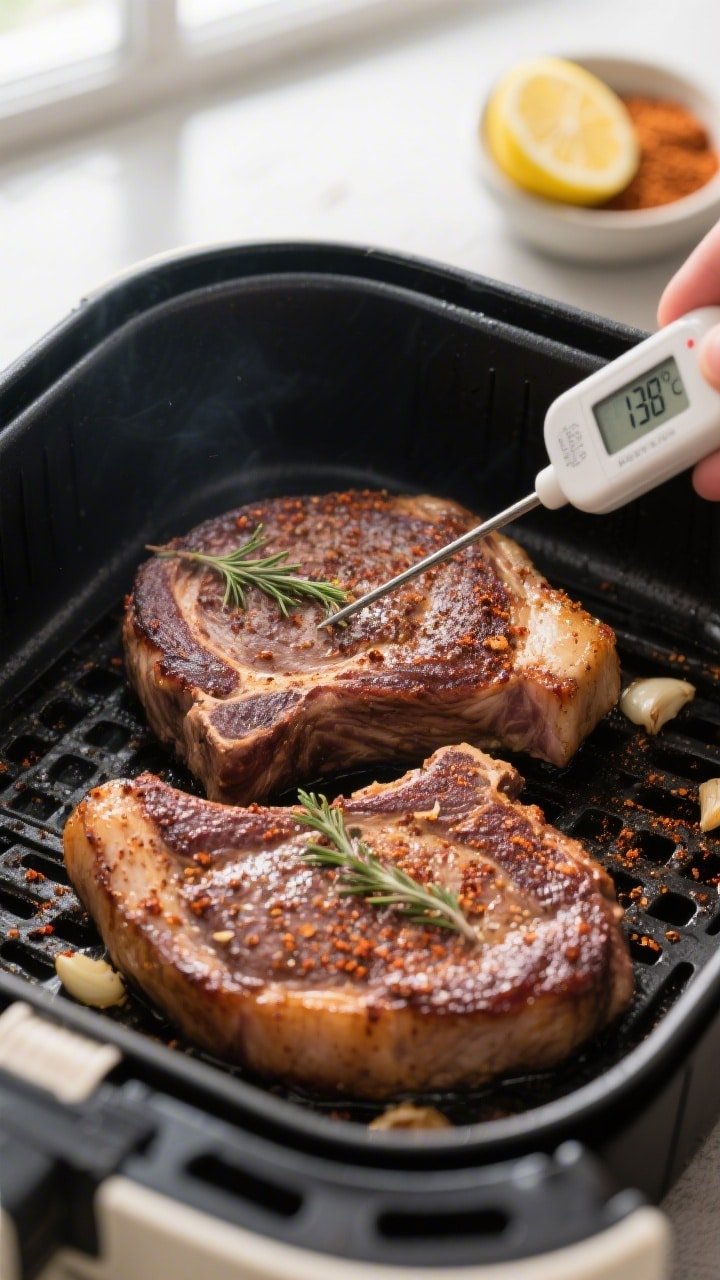 Cooking process close-up: Air fryer basket just opened at the halfway flip, two 1-inch pork chops si