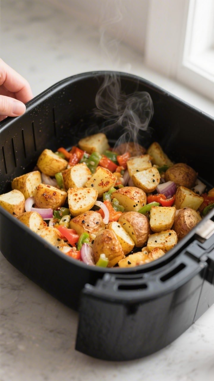 Cooking process close-up: Air fryer basket pulled open mid-cook at the 8–10 minute mark, showing a