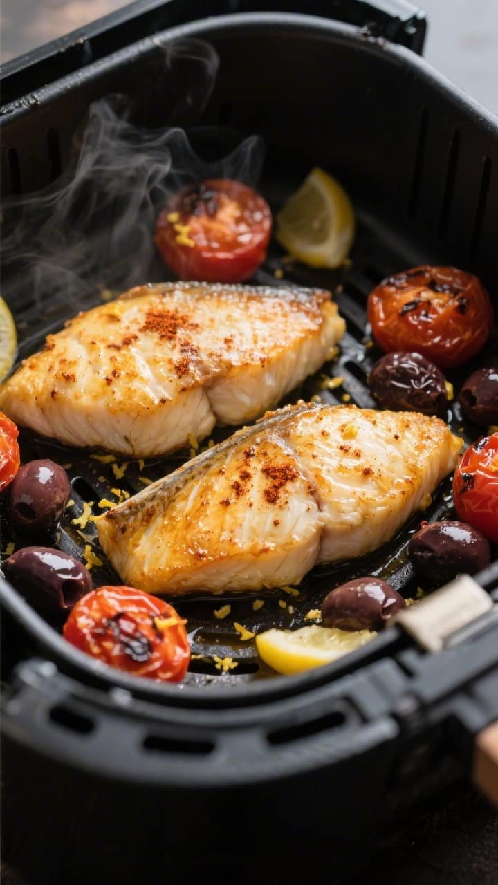 Cooking process close-up: Air fryer basket with golden, cooked hake fillets just reaching flake stag