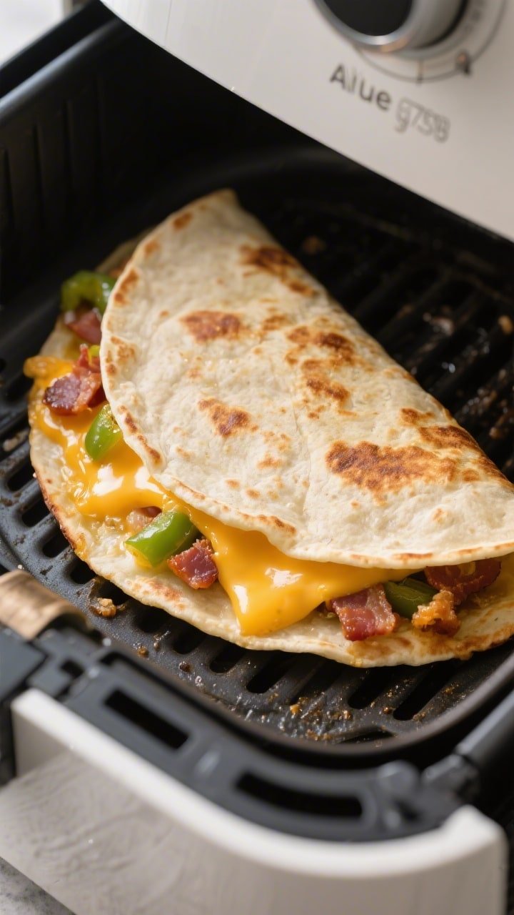Cooking process close-up: Air fryer breakfast quesadilla mid-cook at 375°F, golden blistering flour