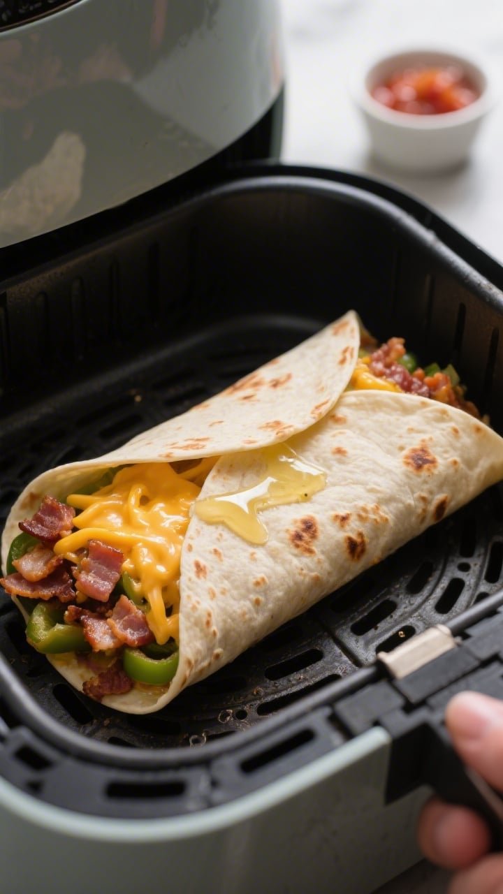 Cooking process close-up: Air fryer breakfast wrap seam-side down in a preheated basket at 375°F, t