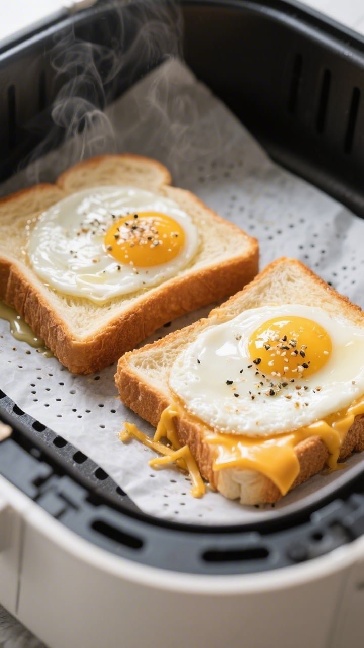 Cooking process close-up: Air fryer eggs in toast mid-cook at 350°F, overhead view of two thick-sli