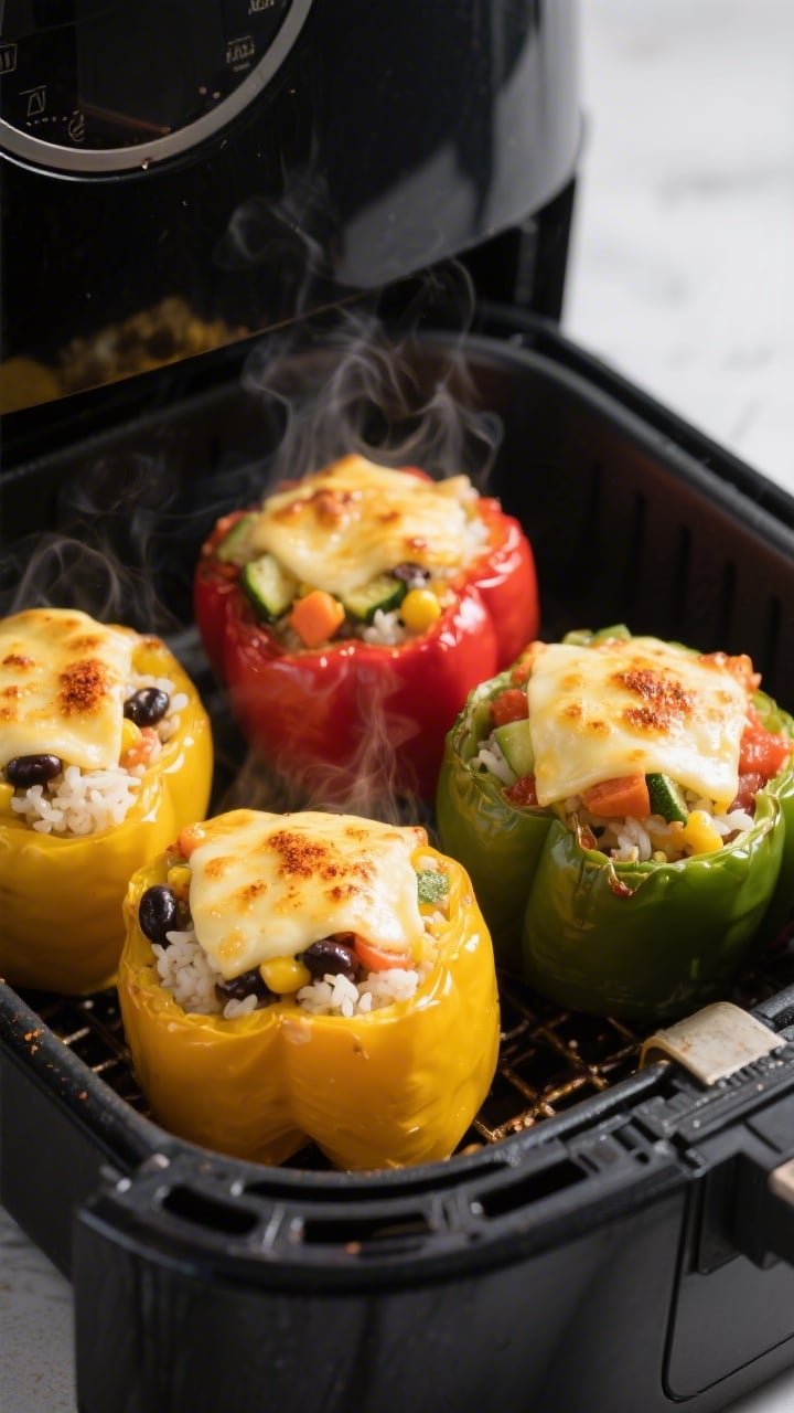 Cooking process close-up: Air fryer stuffed bell peppers mid-cook inside an open air fryer basket at