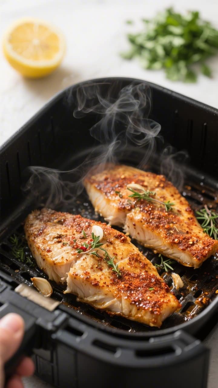 Cooking process close-up: Cajun air fryer grouper fillets sizzling in an open air fryer basket at 40