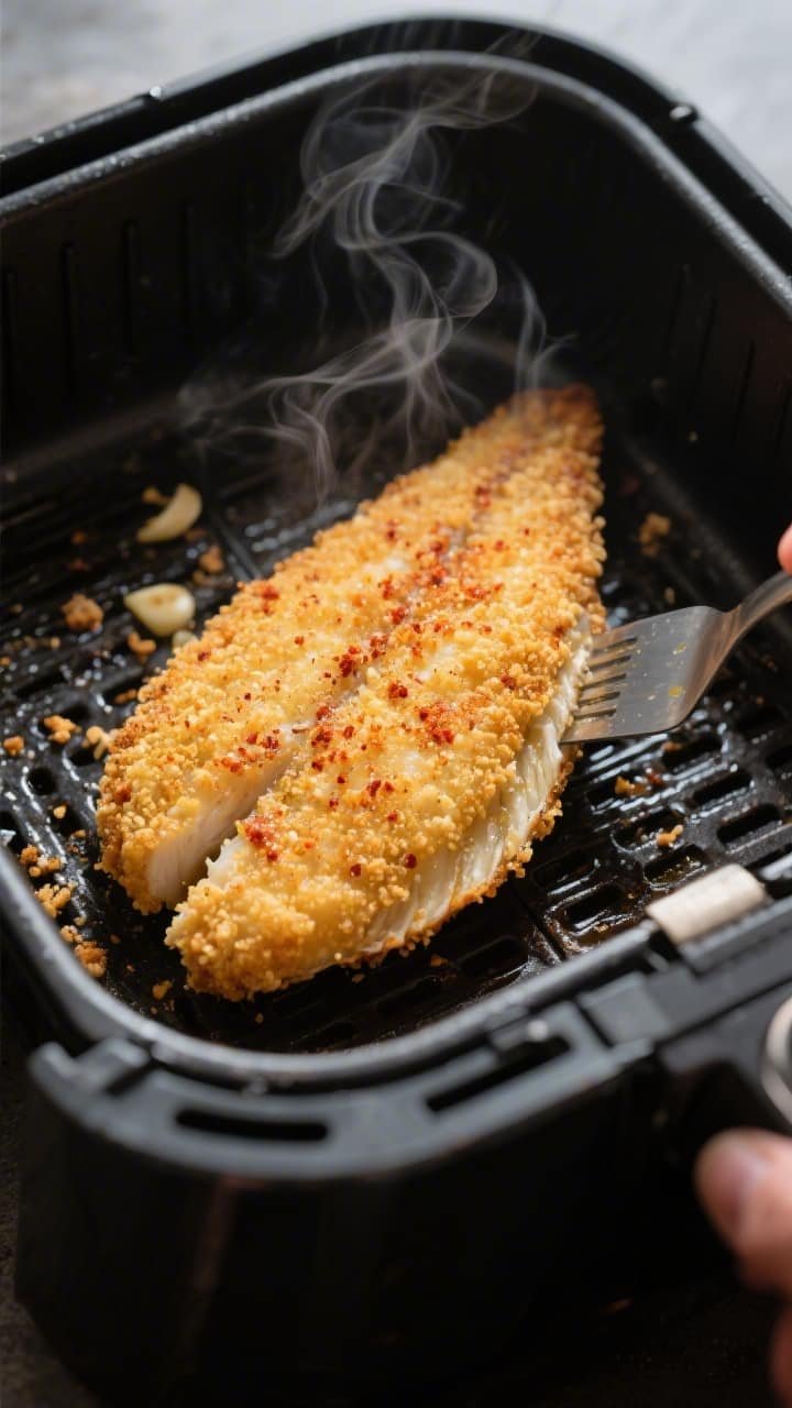 Cooking process close-up: Crispy air-fried flounder fillet mid-cook in an open air fryer basket at 4