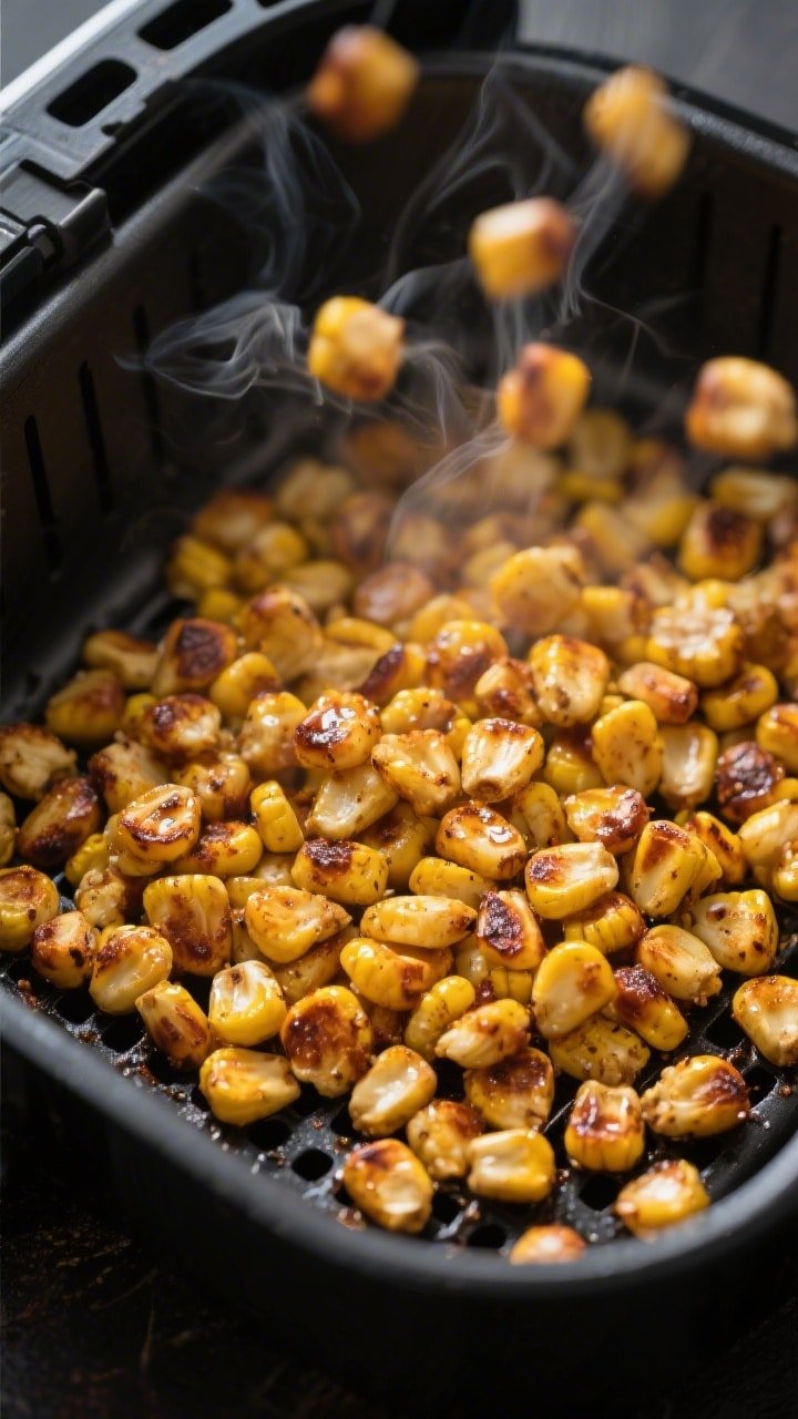 Cooking process, close-up detail: Air-fried masala corn kernels in a single, even layer inside a pre