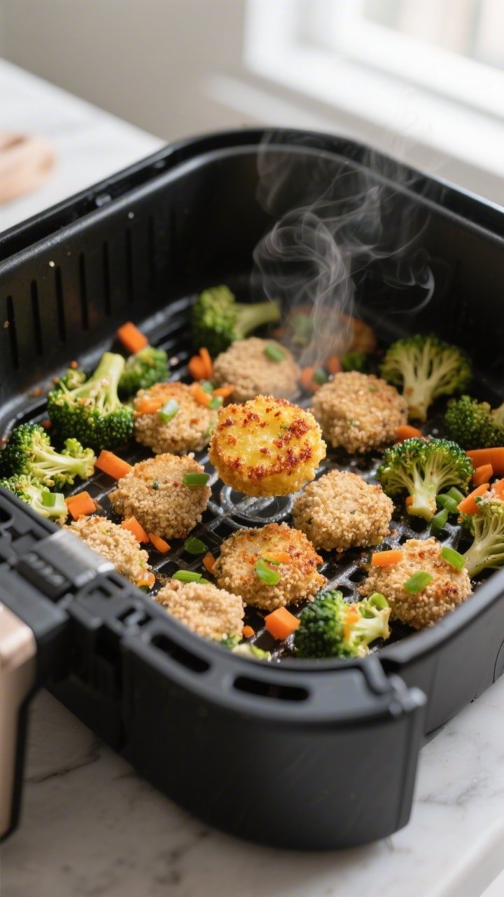 Cooking process, close-up detail: Air fryer basket at 375°F with a single, evenly spaced layer of b