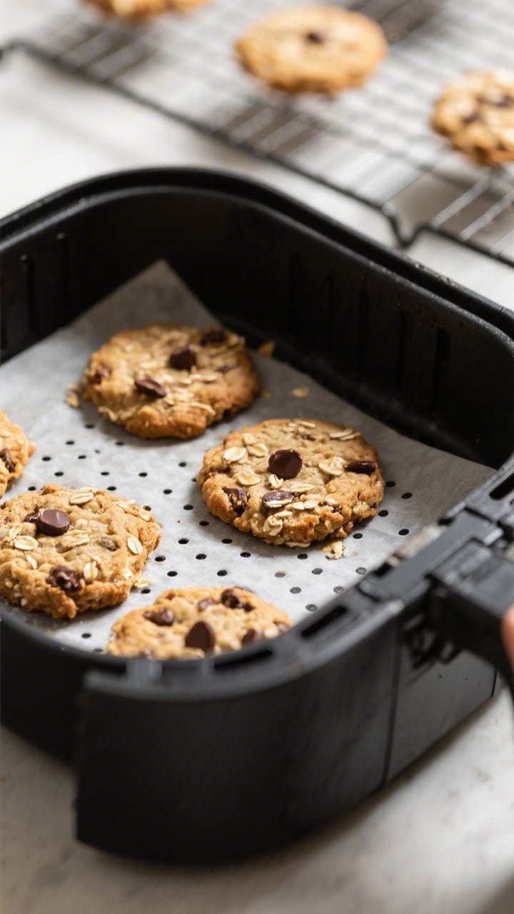 Cooking process, close-up detail: Air fryer oatmeal breakfast cookies mid-cook inside an open air fr
