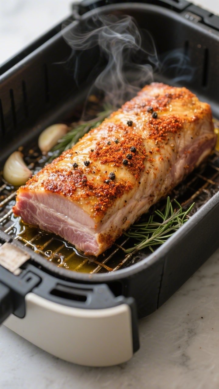 Cooking process, close-up detail: Close-up of a golden, spice-crusted pork loin resting in an open a