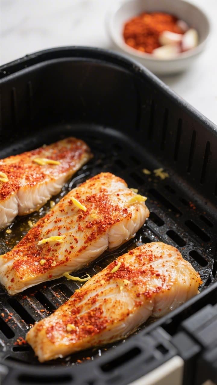 Cooking process, close-up detail: Close-up of paprika-seasoned white fish fillets sizzling in a preh