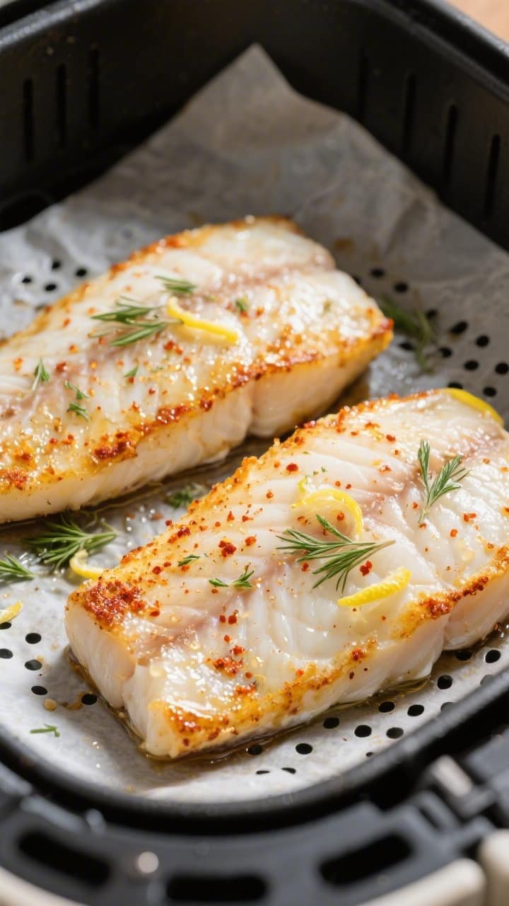 Cooking process, close-up detail: Close-up of two seasoned white fish fillets (cod or halibut) mid-c