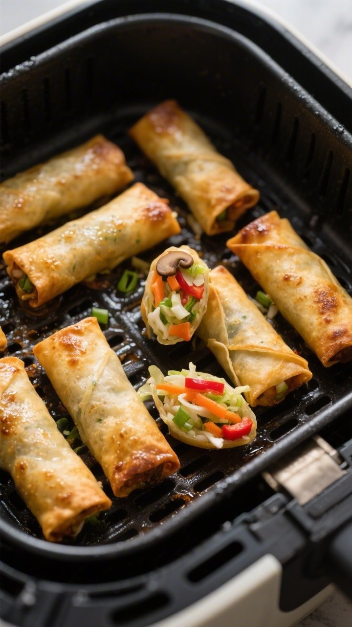 Cooking process, close-up detail: Golden air-fried veggie spring rolls mid-cook inside an open air f