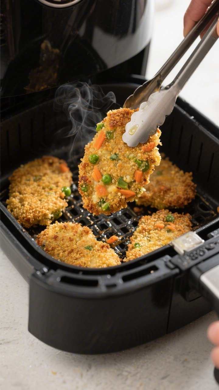 Cooking process, close-up detail: Golden-breadcrumbed mixed veg cutlets halfway through air frying i